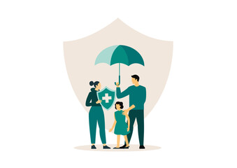 Family insurance. Shield protection for family flat vector illustration. Health and life insurance concept for banner, website design or landing web page