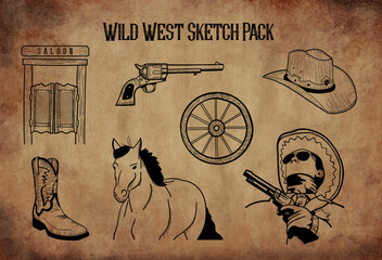 Wild West Hand Drawn Sketch Asset - Pack 7 in 1