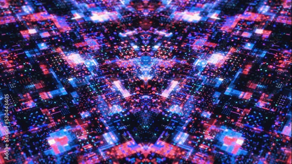 Poster pixelated pattern with blue and pink shimmering squares slowly moving and creating digital field. mo