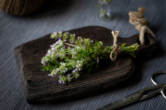 Bouquet Of Fresh Thyme On Old Wooden Kitchen Board. Folk Medicine, Medicinal Herbs