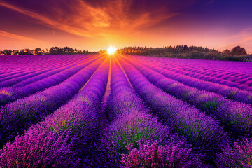 Naklejka na ściany i meble Lavender field sunset and lines. Beautiful lavender blooming scented flowers at sunset