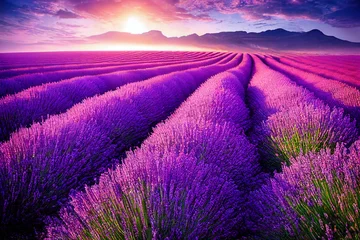 Lavendelfeldsonnenuntergang und -linien. Schöner Lavendel, der bei Sonnenuntergang duftende Blumen blüht © Viks_jin