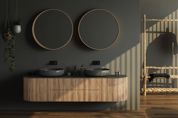 Modern bathroom interior with dark brown parquet floor, two black sinks, double mirrors, interior plants, dark walls. Minimalist bathroom with modern furniture. 3D rendering