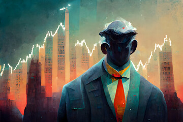grotesque cartoon business man figure in front of bizarre styled charts and skyscrapers, neural network generated art - obrazy, fototapety, plakaty