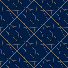 Golden line geometric seamless pattern. Abstract mosaic tile ornament. Simple minimalist texture with crossing lines, triangles, squares. Modern gold and dark blue linear background. Luxury geo design