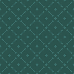 Vector geometric seamless pattern with floral shapes, round grid, diamonds, lattice. Simple abstract background in green teal color. Subtle elegant ornament texture. Repeat design for decor, textile