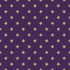 Fototapeta na wymiar Vector geometric seamless pattern with golden stars, flower silhouettes, crosses. Simple abstract floral ornament. Purple and gold ornate background. Christmas decor texture. Repeat decorative design