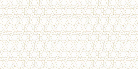 Luxury vector abstract geometric seamless pattern. Golden line texture with hexagons, triangles, grid, lattice. White and gold ornament. Simple minimal background. Elegant repeat decorative geo design
