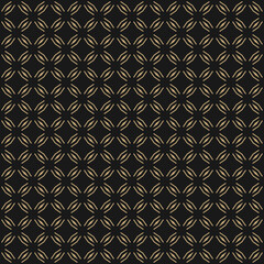 Golden abstract geometric seamless pattern in oriental style. Luxury vector background. Simple graphic ornament. Black and gold texture with small diamond shapes, grid, thin lines, floral silhouettes