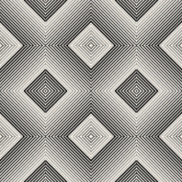 Vector halftone seamless pattern. Abstract background with diagonal half tone zigzag stripes in square tiles. Texture with wavy zig zag lines, chevron. Black and white modern repeat decorative design