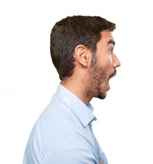 Close up of a surprised young man in profile