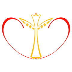 winged yellow cross with an image of a crown and an open book inside a red heart, Christian symbol