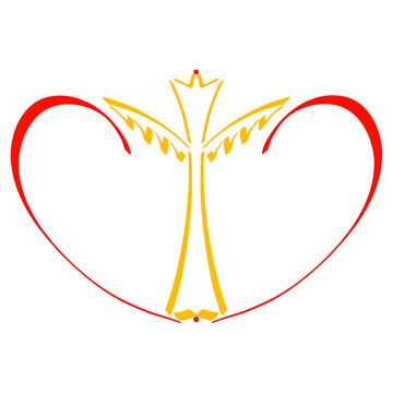winged yellow cross with an image of a crown and an open book inside a red heart, Christian symbol