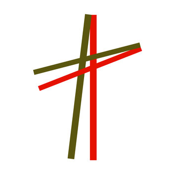 Christian cross as a pointer to Heaven, silhouette of red and green lines on a white background
