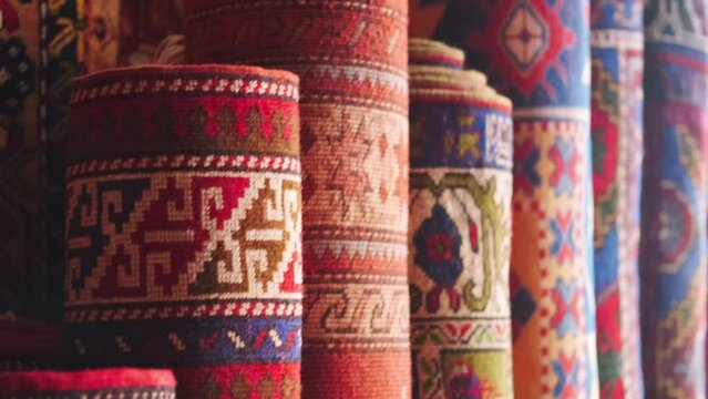 Close-up view of Traditional Turkish carpet. 4K Footage in Turkey