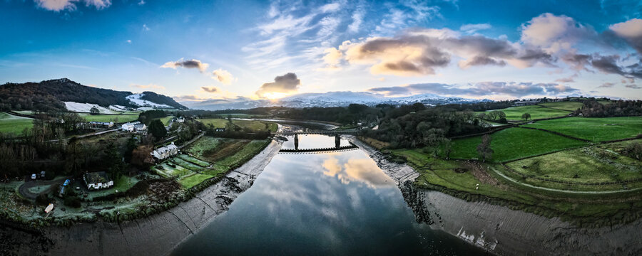 Snowdonia aerial landscapes from Conwy River, near Bodnant Gardens in North Wales, UK. View 10
