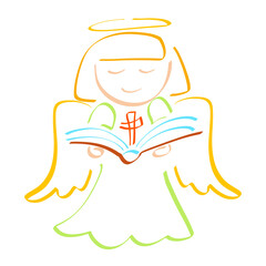 cute angel with an open bible in his hands and a cross over its pages
