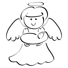 angel holds in his arms a cute baby Jesus wrapped in diapers, black outline