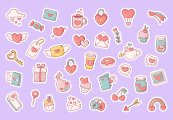 Vector Set of valentines stickers. St valentines day stickers collection on blue background. Be my valentine, love, hearts. Printable template
