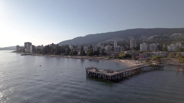 West Vancouver, BC waterfront pier, aerial drone footage, oceanfront property, high end real estate.4K 4096x2304 24FPS.