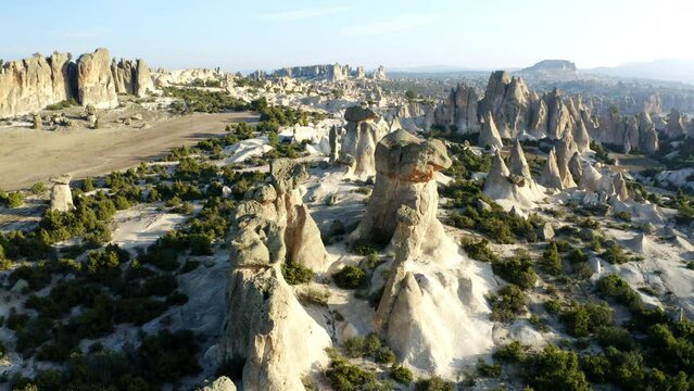 Aerial view of fairy chimneys in Afyonkarahisar. 4K Footage in Turkey