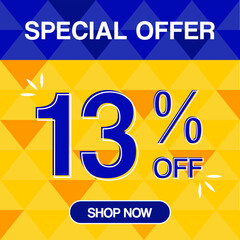 13% percent discoint special offer tag oranje and blue background shop now	