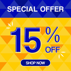 Naklejka premium 15% percent discoint special offer tag oranje and blue background shop now 
