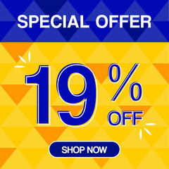 19% percent discoint special offer tag oranje and blue background shop now	