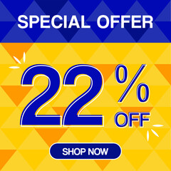 22% percent discoint special offer tag oranje and blue background shop now	