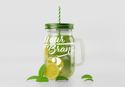 Closed Mason Jug with Mojito and Straw Mockup