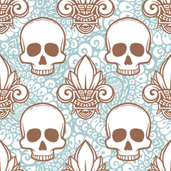 Ethnic mexican pattern with lotus and skull image. Handmade vector illustration.