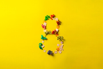 number eight made of flowers as a symbol of the 8th of march, the international women's day