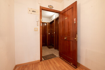 Entrance of a residential house with solid wood door and wooden flooring