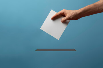 person holding a paper bulletin and drop it in the urn, minimalistic vote concept