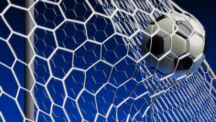 White-Black Soccer Ball in the Goal Net under black-blue background. 3D illustration. 3D CG. 3D Rendering. High resolution.