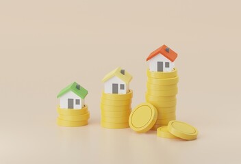 Real estate or house property investment, home buying, savings concept with golden coins stacks and houses on a light background. 3D rendering.