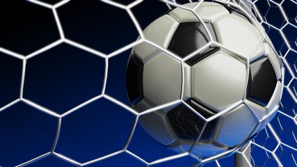 White-Black Soccer Ball in the Goal Net under black-blue background. 3D illustration. 3D CG. 3D Rendering. High resolution.