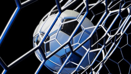 Naklejka premium White-Black Soccer Ball in the Goal Net under black-blue background. 3D illustration. 3D CG. 3D Rendering. High resolution.