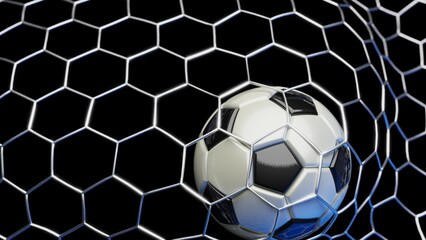 White-Black Soccer Ball in the Goal Net under black-blue background. 3D illustration. 3D CG. 3D Rendering. High resolution.