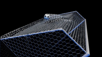 White-Black Soccer Ball in the Goal Net under black-blue background. 3D illustration. 3D CG. 3D Rendering. High resolution.
