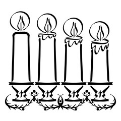 four burning advent candles, preparation for christmas, christian symbol, black outline