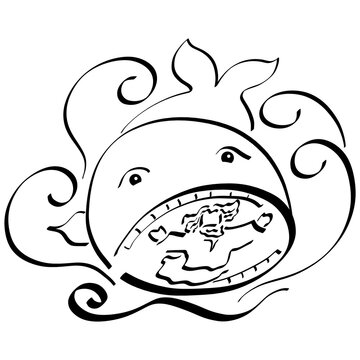 recommend clip art: freeing the prophet Jonah from the belly of a large fish, black outline