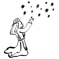 Abraham and the stars, the future father of nations receives a promise from God, black pattern