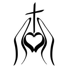 hands hold a heart with a cross over it, christian symbol, black pattern on a white background