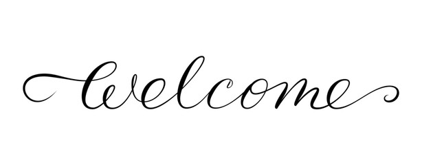 Welcome swashes calligraphy for landing page ui web mobile app, poster banner, flyer inscription. Handwritten brush pen scratched invitation header. Advertising signboard title. Scrapbook stamp