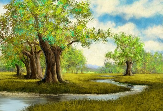 Beautiful spring landscape with river and trees. Beautiful big trees, stream, meadow with green grass. Oil paintings rural landscape with trees, fine art, artwork