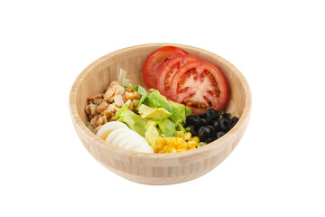 Salad resembling a wooden tray against a transparent background 투명한 배경에 나무 트레이에 닮긴 샐러드