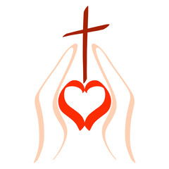 hands hold a heart with a cross over it, colorful christian symbol on a white background
