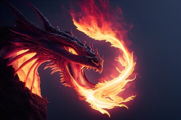 An ancient dragon with burning eyes. Portrait of a mysterious dragon. 3D render.