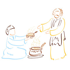 Esau sells the birthright to Jacob for stew, outline on white background